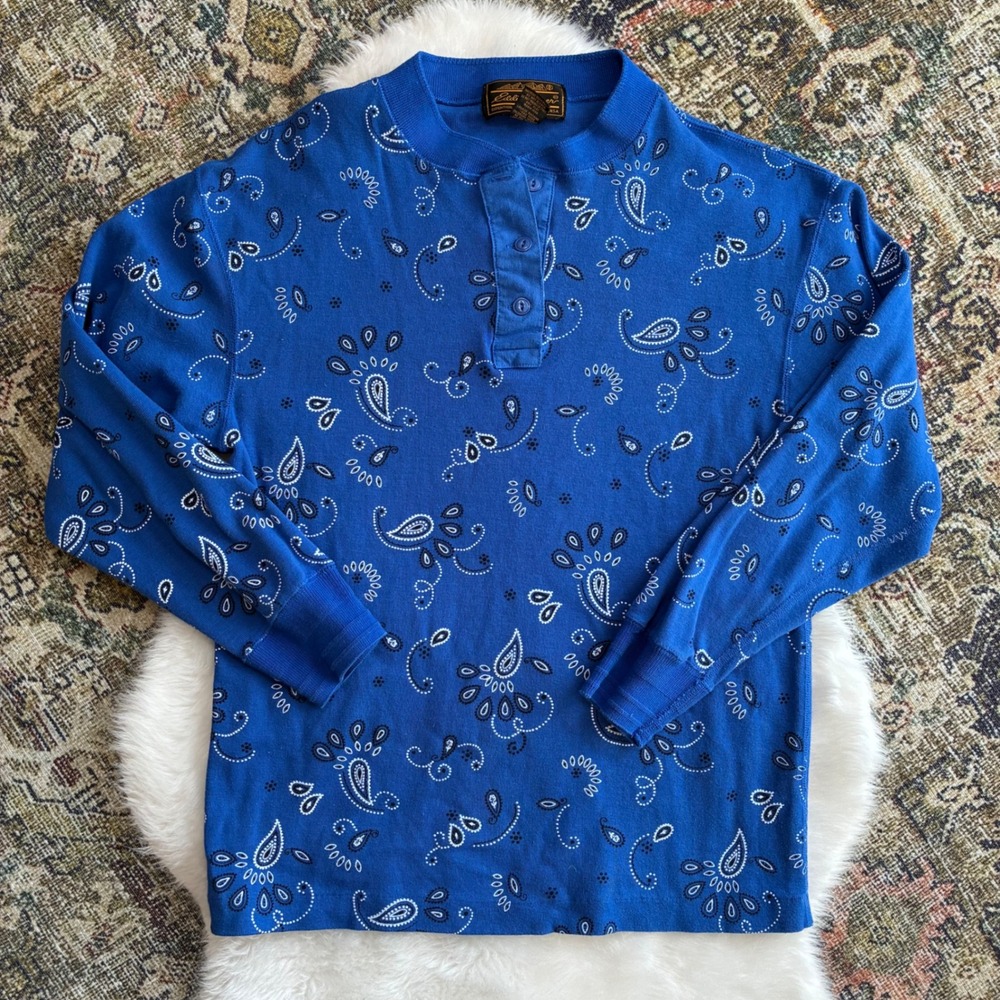 Vintage Eddie Bauer Paisley Bandana Henley Shirt Blue Cotton Womens‎ Large